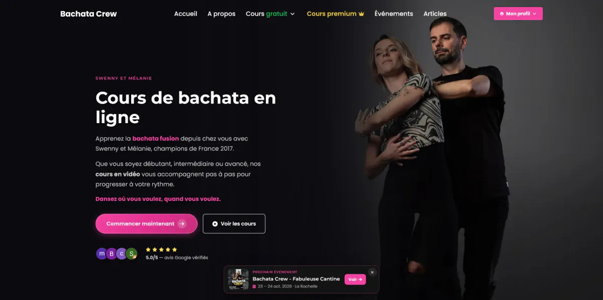 Page d’accueil du site Bachata Crew : cours de bachata en ligne de Swenny et Mélanie